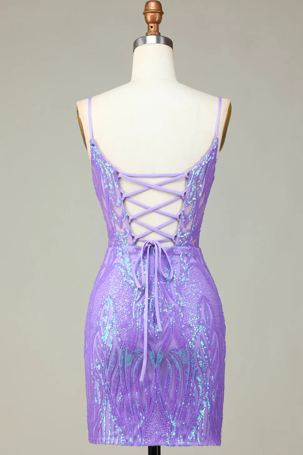 Elegante Bodycon Esparguete Correias Lilás Sequins Corset Homecoming Dress com Criss Cross Back