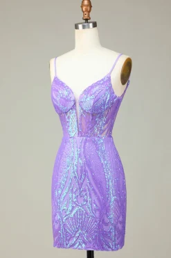 Elegante Bodycon Esparguete Correias Lilás Sequins Corset Homecoming Dress com Criss Cross Back