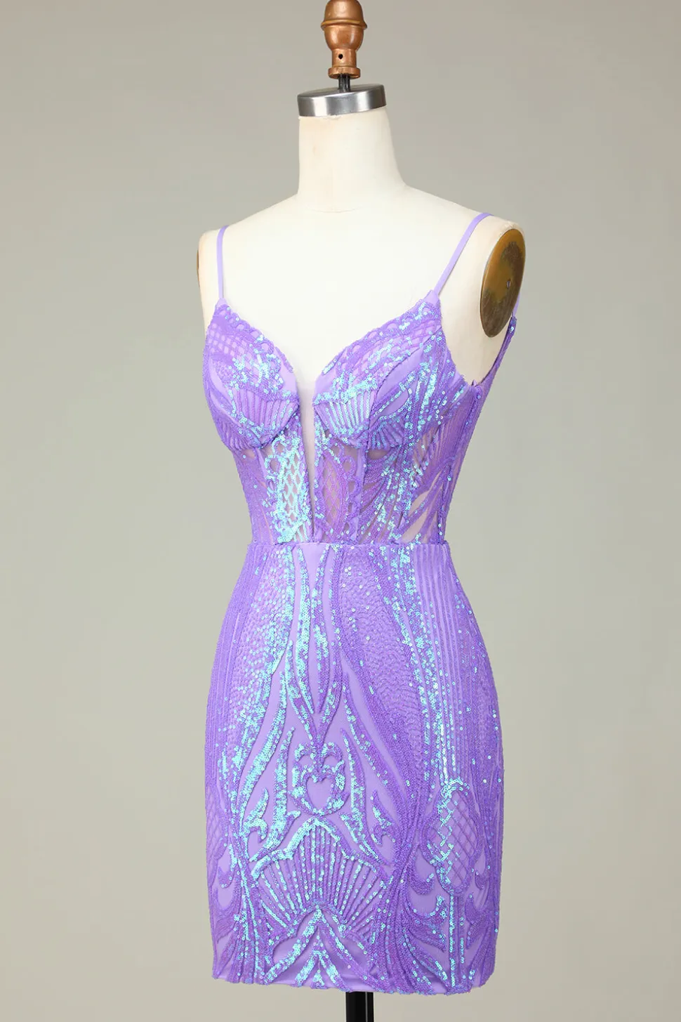 Elegante Bodycon Esparguete Correias Lilás Sequins Corset Homecoming Dress com Criss Cross Back