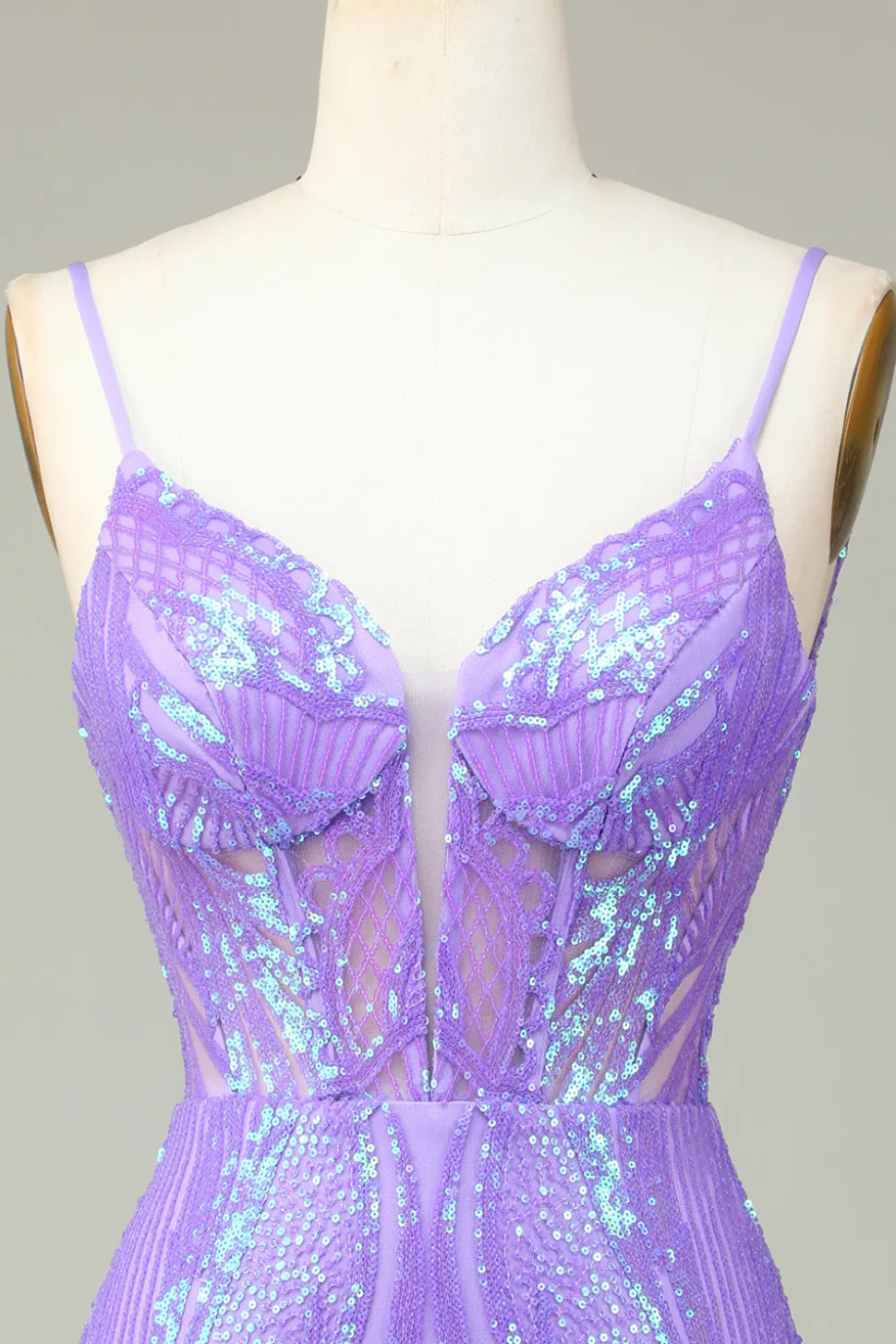 Elegante Bodycon Esparguete Correias Lilás Sequins Corset Homecoming Dress com Criss Cross Back