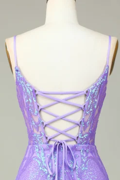 Elegante Bodycon Esparguete Correias Lilás Sequins Corset Homecoming Dress com Criss Cross Back