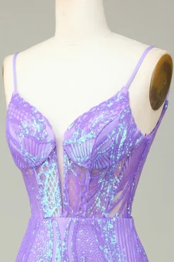 Elegante Bodycon Esparguete Correias Lilás Sequins Corset Homecoming Dress com Criss Cross Back