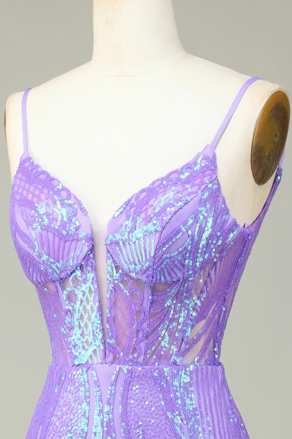 Elegante Bodycon Esparguete Correias Lilás Sequins Corset Homecoming Dress com Criss Cross Back