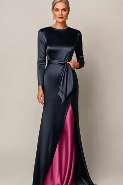 Elegante Bodycon Marinha Cetim Mãe Do Vestido De Noiva Com Drape