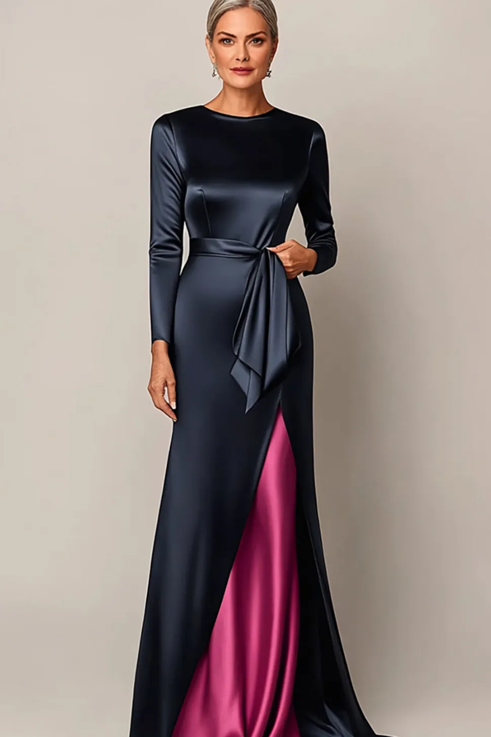 Elegante Bodycon Marinha Cetim Mãe Do Vestido De Noiva Com Drape