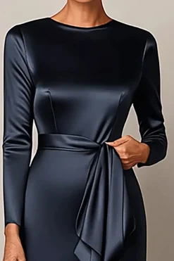 Elegante Bodycon Marinha Cetim Mãe Do Vestido De Noiva Com Drape