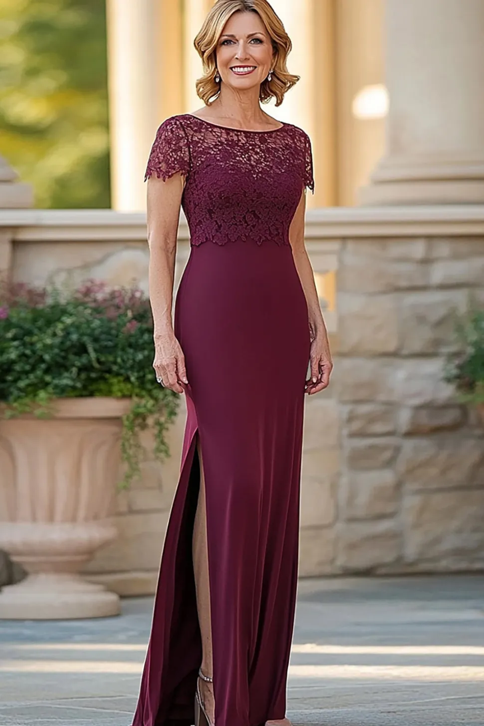 Elegante Borgonha Bodycon Lace Appliques mãe do vestido da noiva com fenda