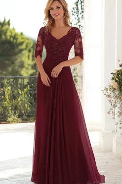 Elegante Borgonha Uma Linha V Pescoço Chiffon Longa Mãe Do Vestido Da Noiva com Apliques de Renda