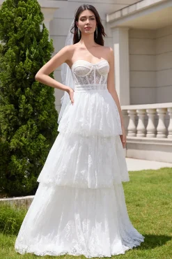 Elegante branco espartilho sem alças vestido de festa de noiva longo com renda