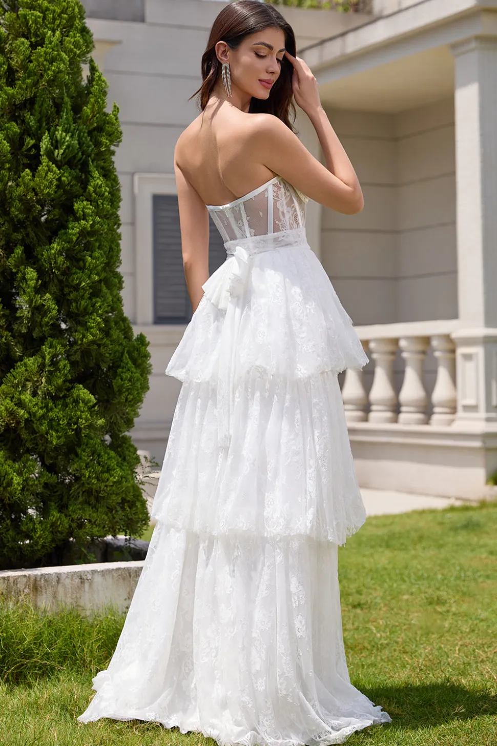 Elegante branco espartilho sem alças vestido de festa de noiva longo com renda