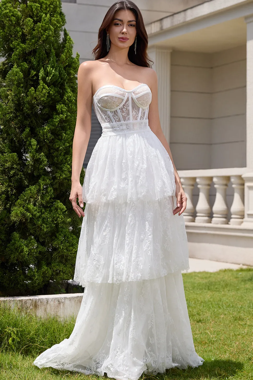 Elegante branco espartilho sem alças vestido de festa de noiva longo com renda