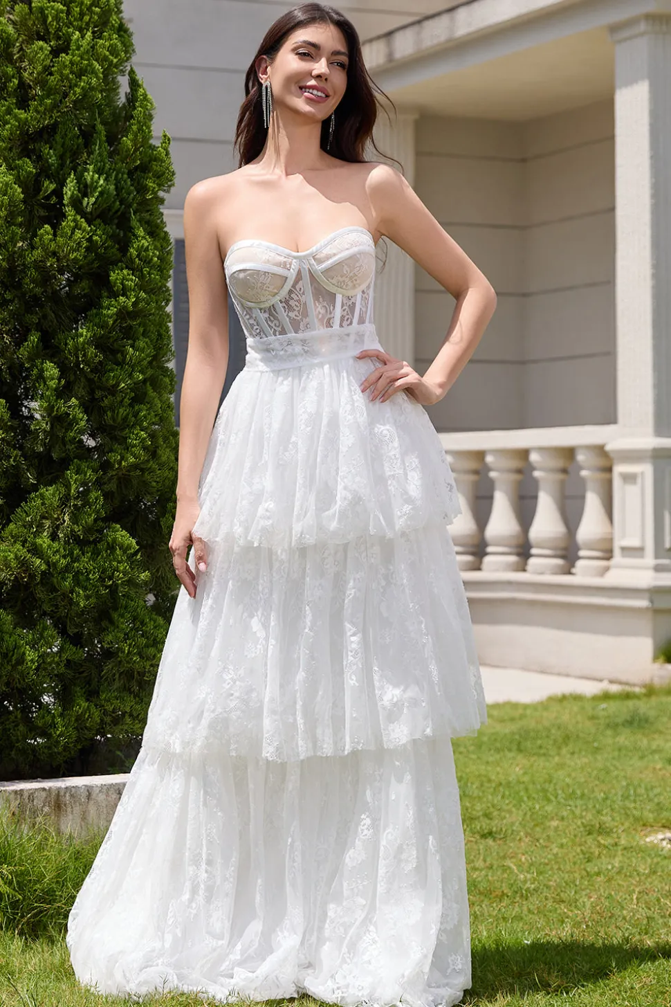 Elegante branco espartilho sem alças vestido de festa de noiva longo com renda