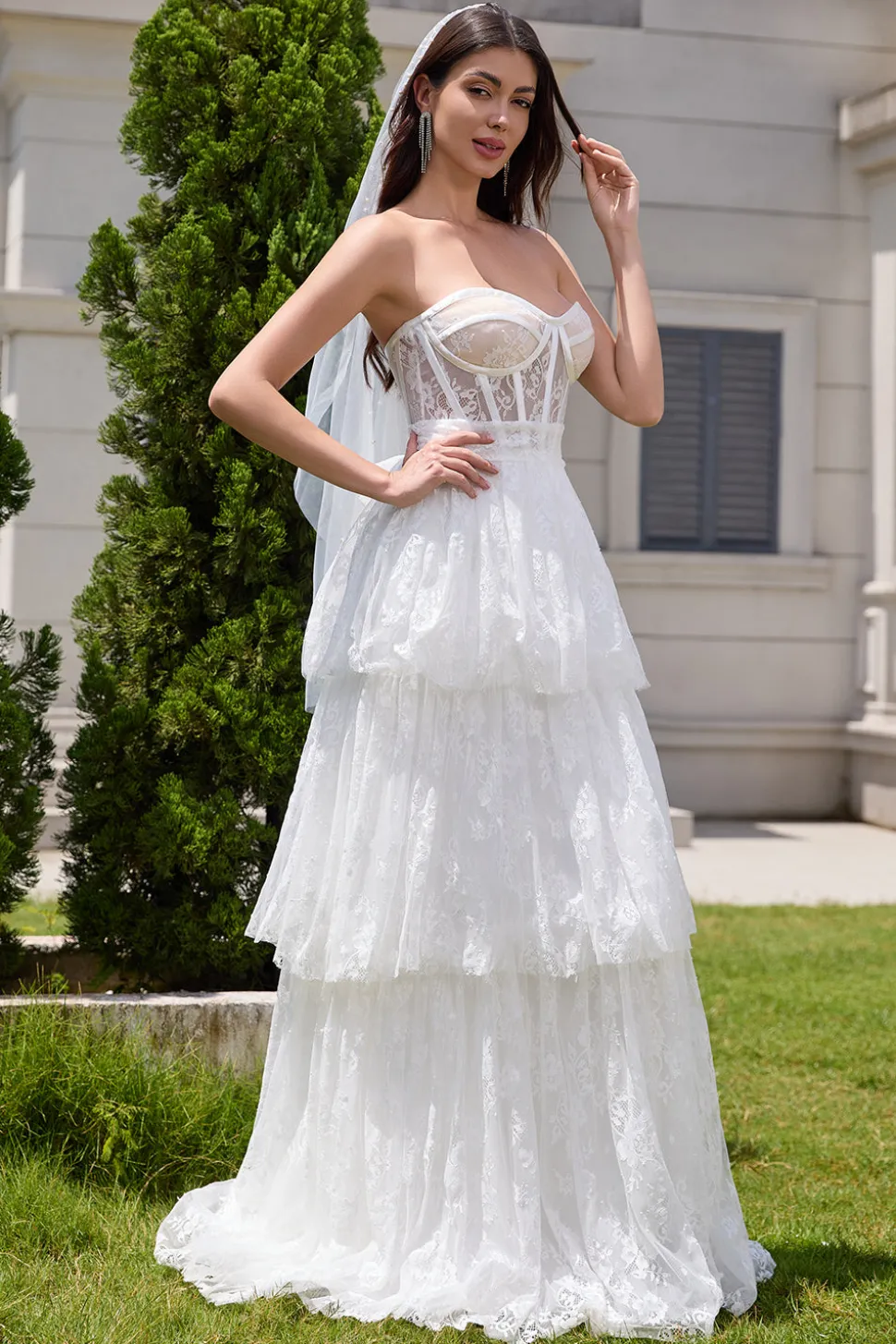 Elegante branco espartilho sem alças vestido de festa de noiva longo com renda