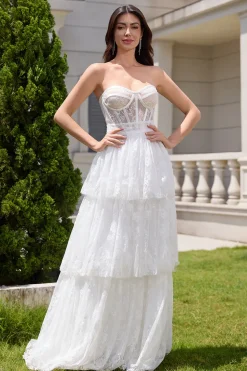 Elegante branco espartilho sem alças vestido de festa de noiva longo com renda