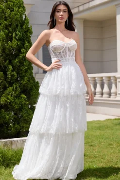 Elegante branco espartilho sem alças vestido de festa de noiva longo com renda