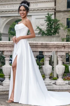 Elegante branco uma linha sem alças plissado varredura trem espartilho vestido de noiva com fenda