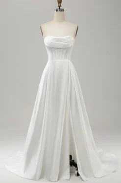 Elegante branco uma linha sem alças plissado varredura trem vestido de noiva com split