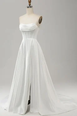 Elegante branco uma linha sem alças plissado varredura trem vestido de noiva com split