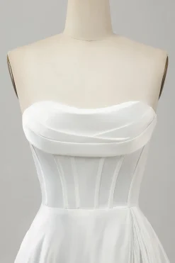 Elegante branco uma linha sem alças plissado varredura trem vestido de noiva com split