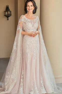 Elegante capa bege manga mãe do vestido de noiva com apliques de renda