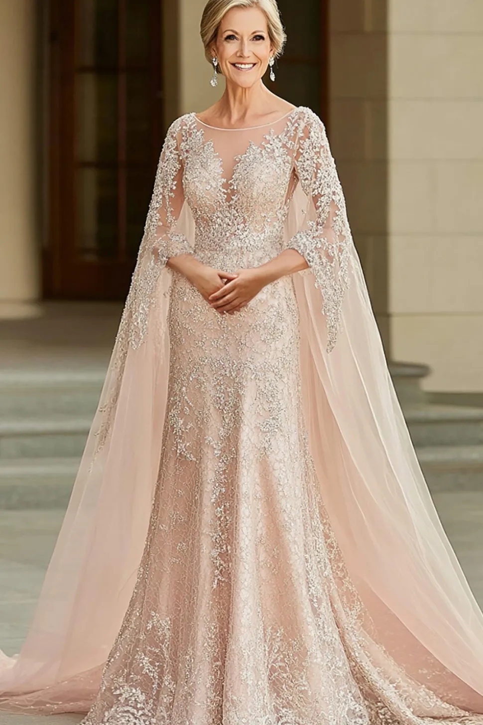 Elegante capa de damasco manga mãe do vestido de noiva com apliques de renda