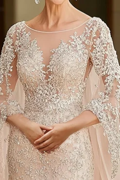 Elegante capa de damasco manga mãe do vestido de noiva com apliques de renda