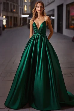 Elegante Cetim Verde Escuro Uma Linha Esparguete Correias Longo Vestido de Baile