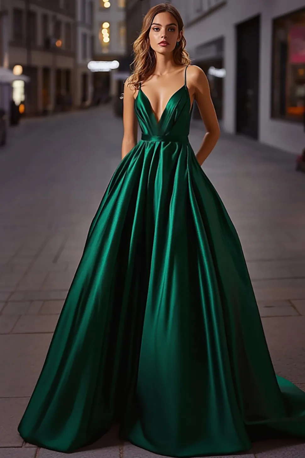 Elegante Cetim Verde Escuro Uma Linha Esparguete Correias Longo Vestido de Baile