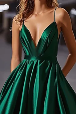 Elegante Cetim Verde Escuro Uma Linha Esparguete Correias Longo Vestido de Baile