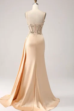 Elegante champanhe sereia plissado vestido de baile de formatura de cetim com apliques