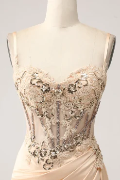 Elegante champanhe sereia plissado vestido de baile de formatura de cetim com apliques