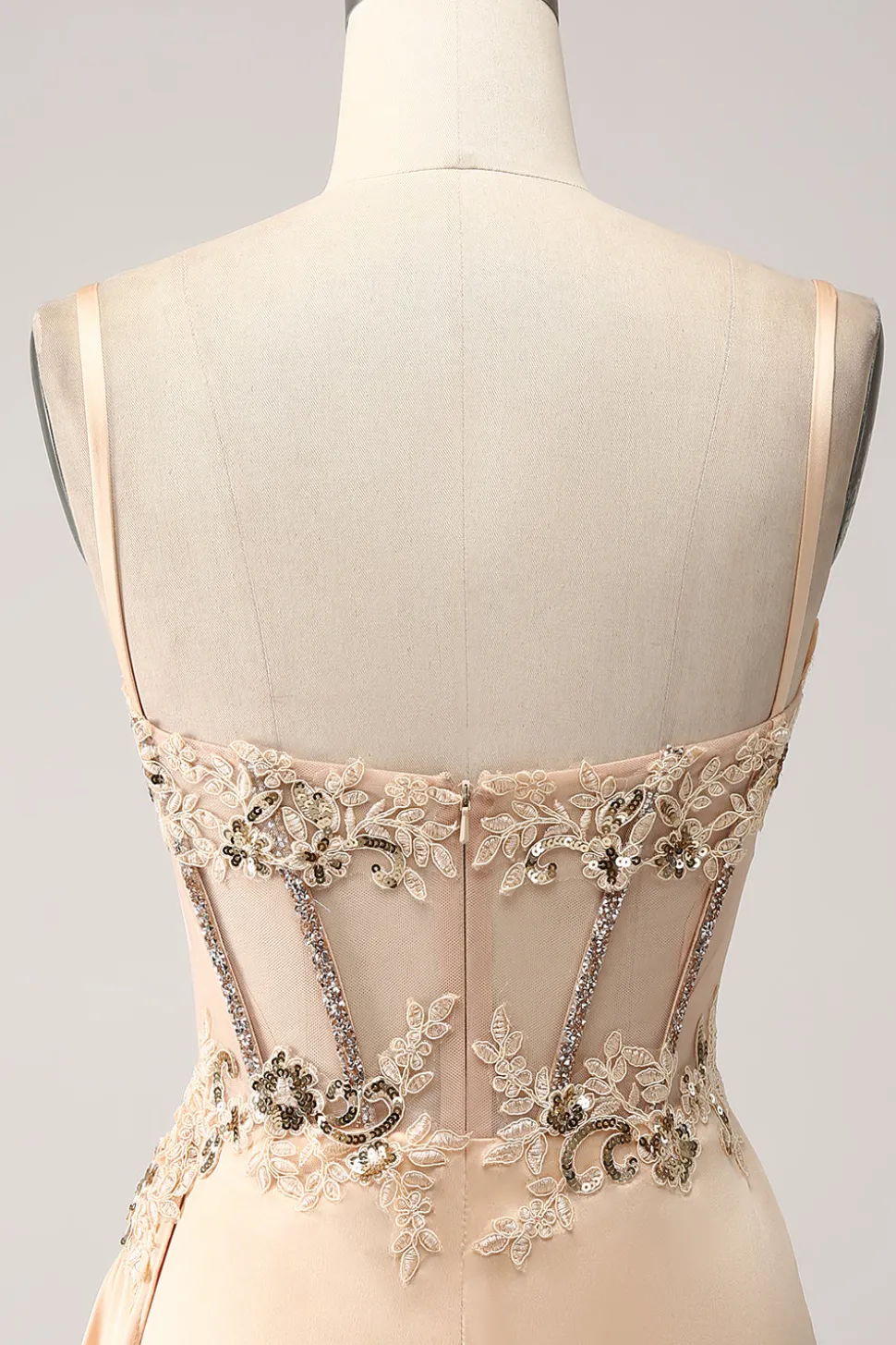 Elegante champanhe sereia plissado vestido de baile de formatura de cetim com apliques