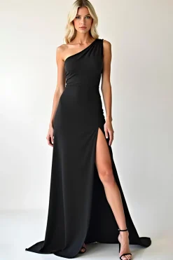 Elegante Chiffon preto um ombro vestido de baile com fenda
