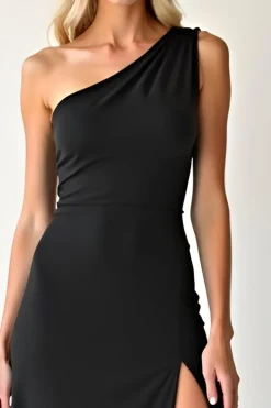 Elegante Chiffon preto um ombro vestido de baile com fenda