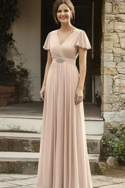 Elegante Chiffon V Pescoço Champagne Mãe do Vestido da Noiva com Mangas Curtas
