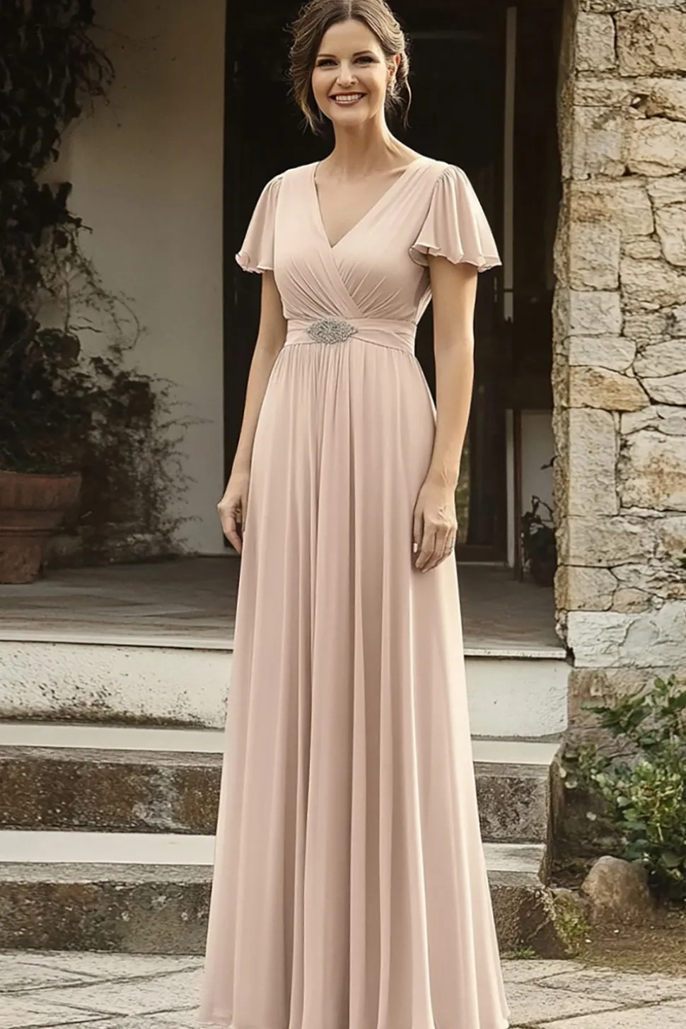 Elegante Chiffon V Pescoço Champagne Mãe do Vestido da Noiva com Mangas Curtas