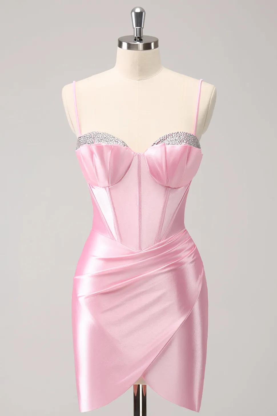 Elegante cintilante rosa espaguete correias espartilho apertado homecoming vestido com friso