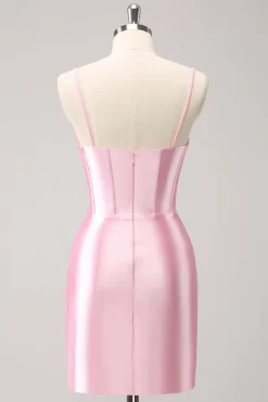 Elegante cintilante rosa espaguete correias espartilho apertado homecoming vestido com friso