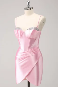 Elegante cintilante rosa espaguete correias espartilho apertado homecoming vestido com friso