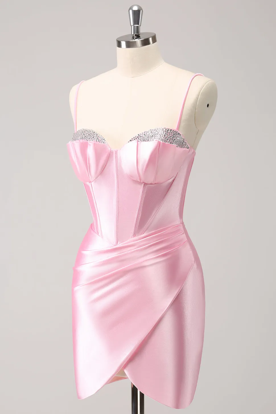 Elegante cintilante rosa espaguete correias espartilho apertado homecoming vestido com friso