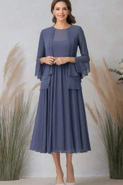Elegante cinza azul uma linha mãe vestido conjunto de duas peças