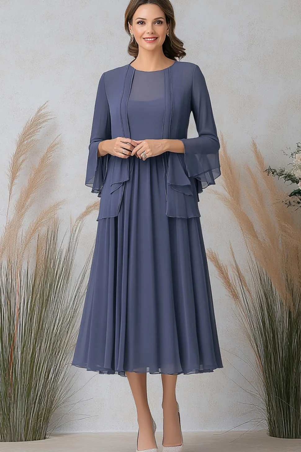 Elegante cinza azul uma linha mãe vestido conjunto de duas peças