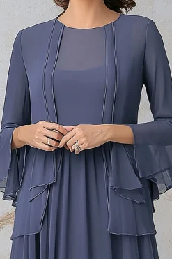 Elegante cinza azul uma linha mãe vestido conjunto de duas peças