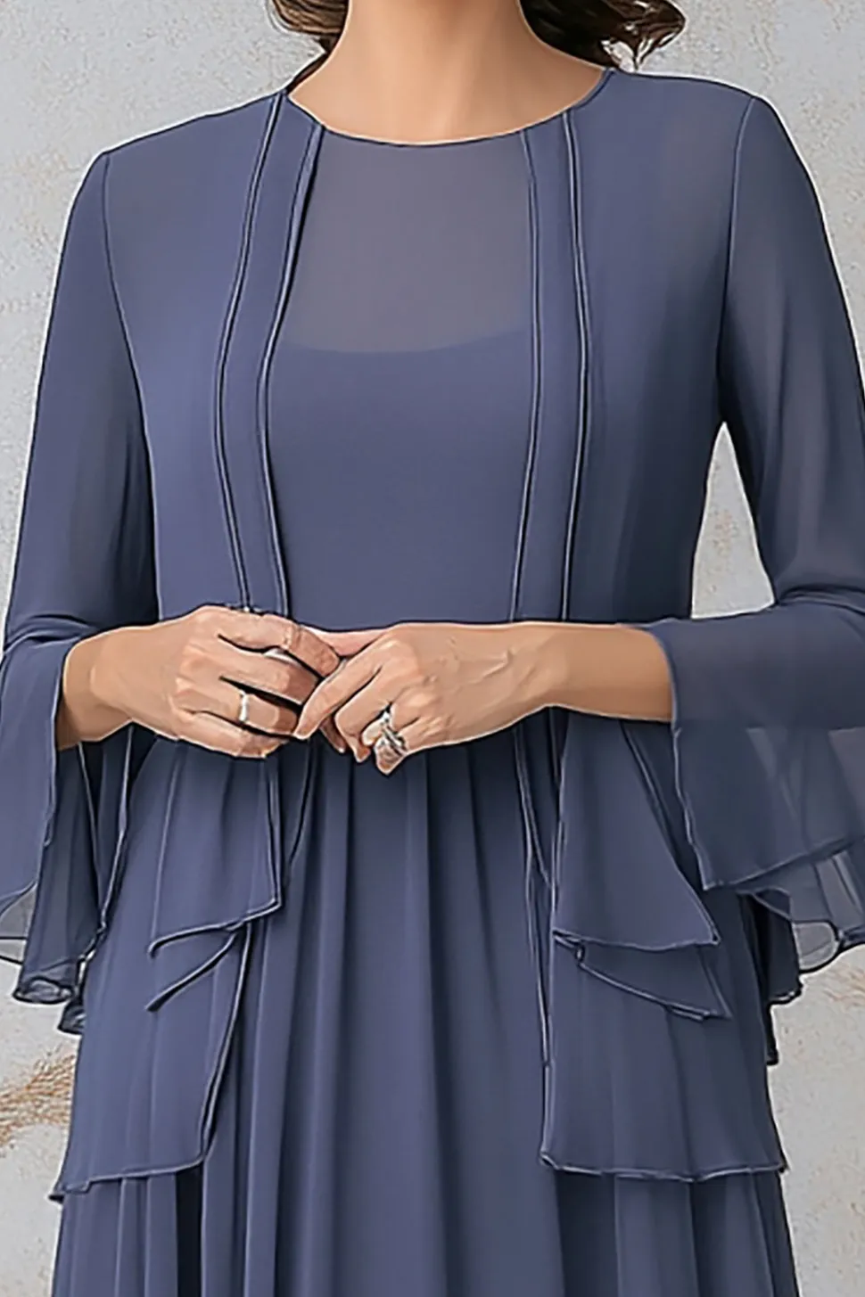 Elegante cinza azul uma linha mãe vestido conjunto de duas peças