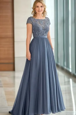 Elegante cinza azul uma linha capa manga mãe de vestido de noiva com apliques de renda