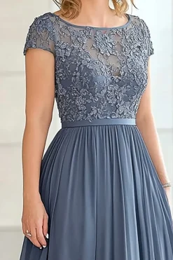 Elegante cinza azul uma linha capa manga mãe de vestido de noiva com apliques de renda