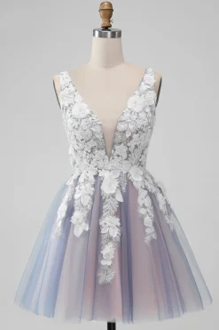 Elegante cinza rosa uma linha V pescoço flores curto homecoming vestido com pérola