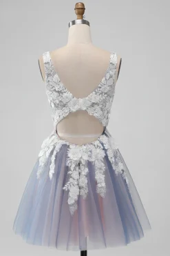 Elegante cinza rosa uma linha V pescoço flores curto homecoming vestido com pérola