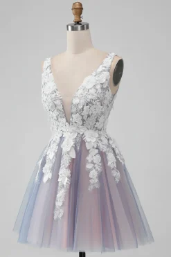 Elegante cinza rosa uma linha V pescoço flores curto homecoming vestido com pérola