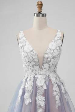Elegante cinza rosa uma linha V pescoço flores curto homecoming vestido com pérola